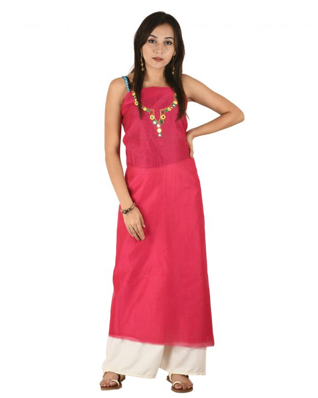Chanderi Silk Designer Knee Long Red Free Size Suit Piece