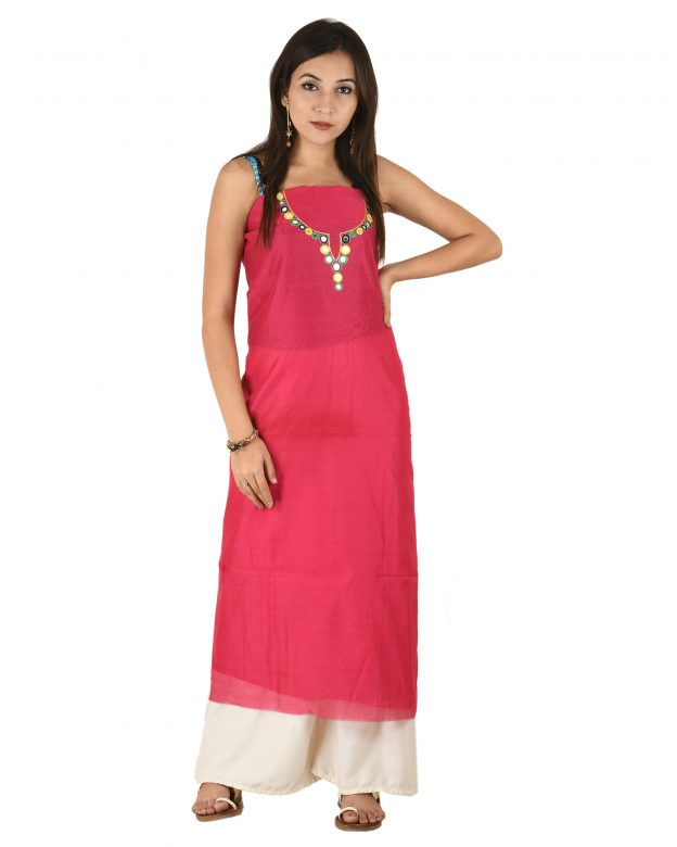 Chanderi Silk Designer Knee Long Red Free Size Suit Piece