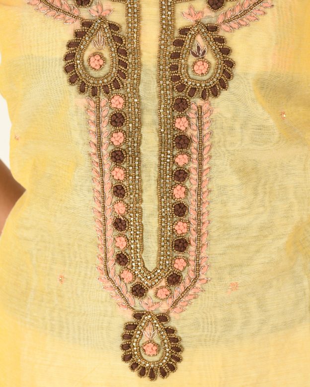 Chanderi Silk Designer Knee Long Yellow Free Size Suit Piece