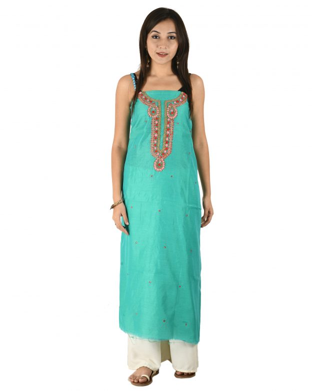 Chanderi Silk Designer Knee Long Blue Free Size Suit Piece