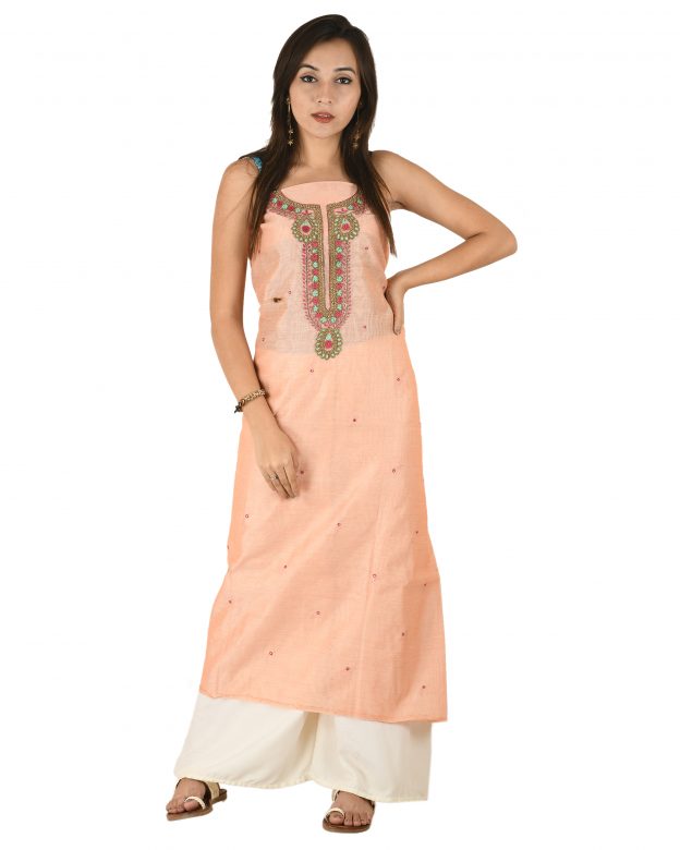 Chanderi Silk Designer Knee Long Peach Free Size Suit Piece