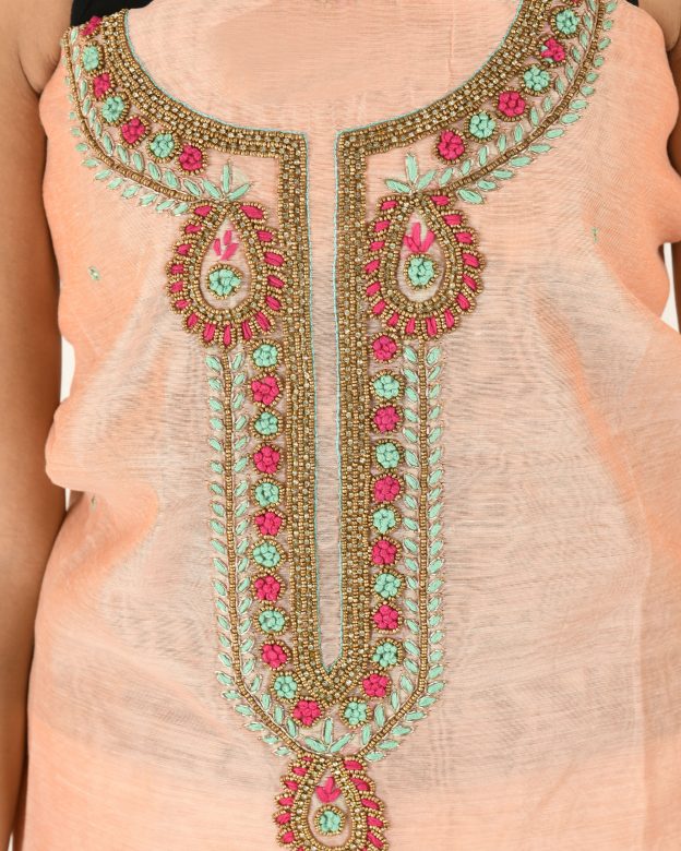 Chanderi Silk Designer Knee Long Peach Free Size Suit Piece