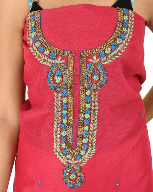 Chanderi Silk Designer Knee Long Red Free Size Suit Piece