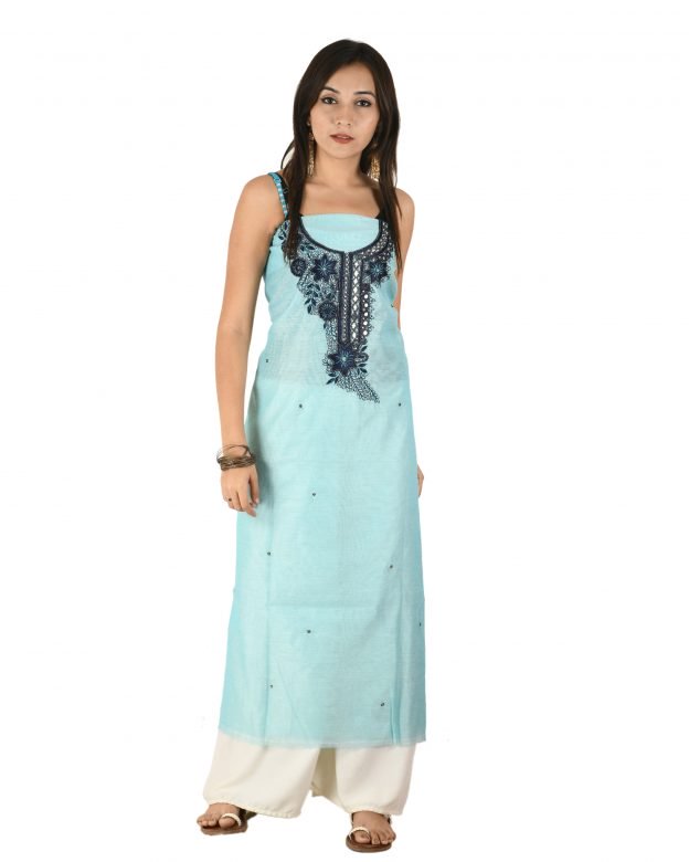 Chanderi Silk Designer Knee Long Sky Blue Free Size Suit Piece