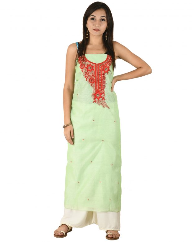 Chanderi Silk Designer Knee Long Green Free Size Suit Piece