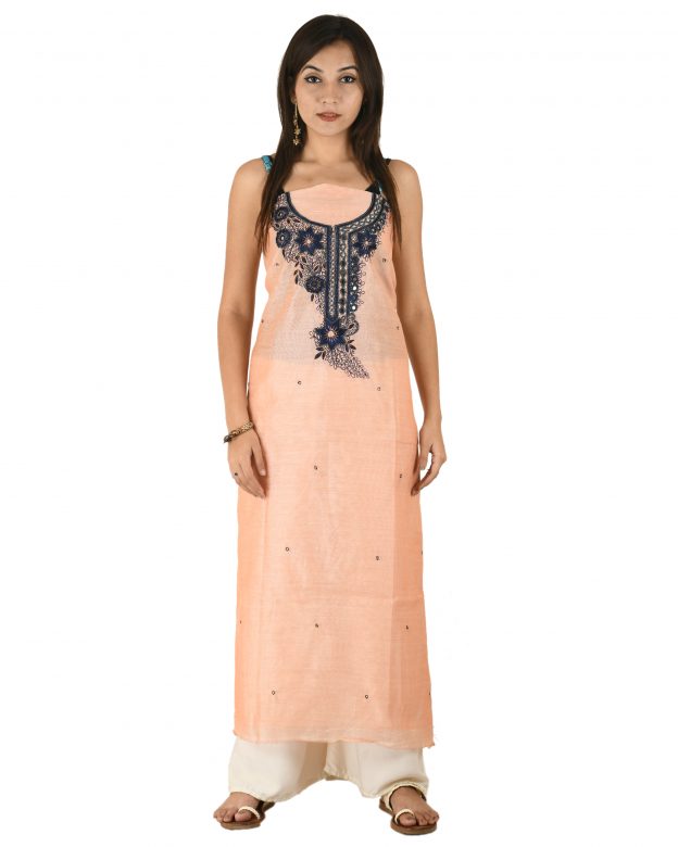 Chanderi Silk Designer Knee Long Peach Free Size Suit Piece