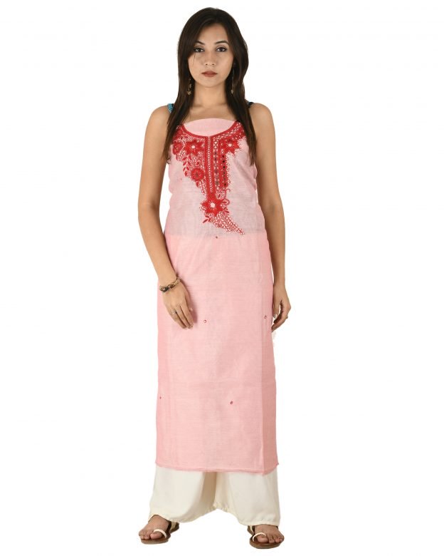 Chanderi Silk Designer Knee Long Pink Free Size Suit Piece