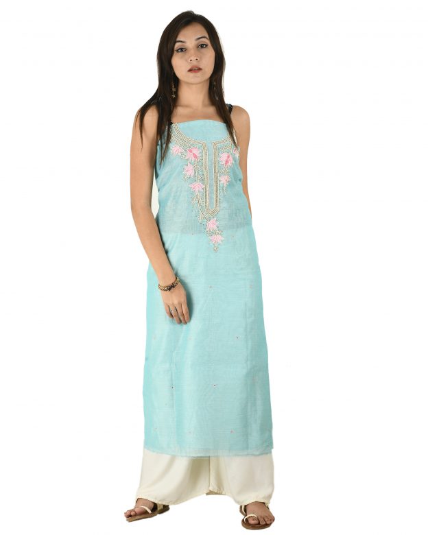 Chanderi Silk Designer Knee Long Sky Blue Free Size Suit Piece