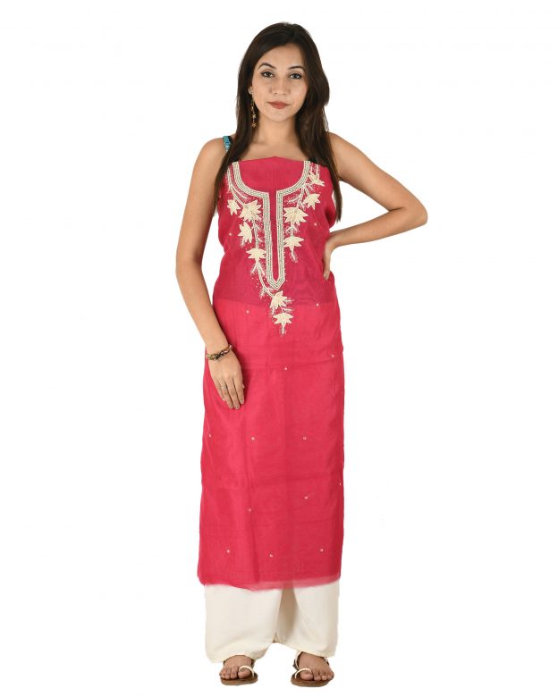 Chanderi Silk Designer Knee Long Red Free Size Suit Piece