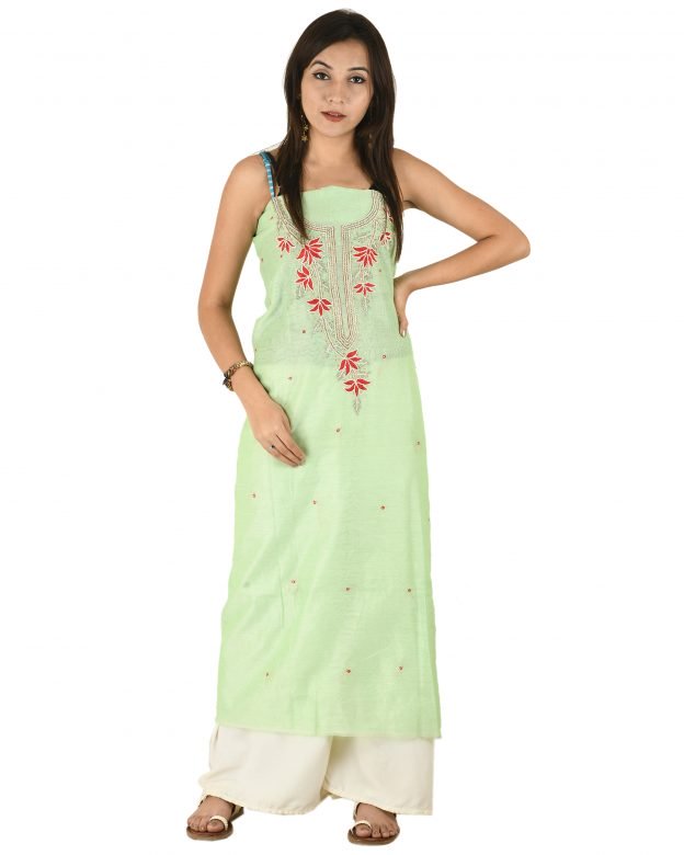 Chanderi Silk Designer Knee Long Green Free Size Suit Piece