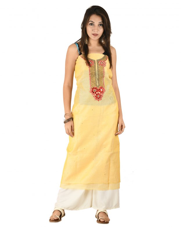 Chanderi Silk Designer Knee Long Yellow Free Size Suit Piece