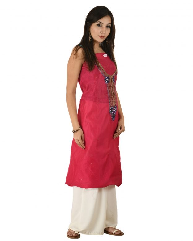 Chanderi Silk Designer Knee Long Red Free Size Suit Piece