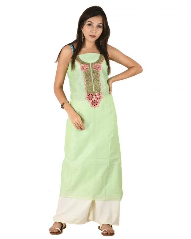 Chanderi Silk Designer Knee Long Green Free Size Suit Piece