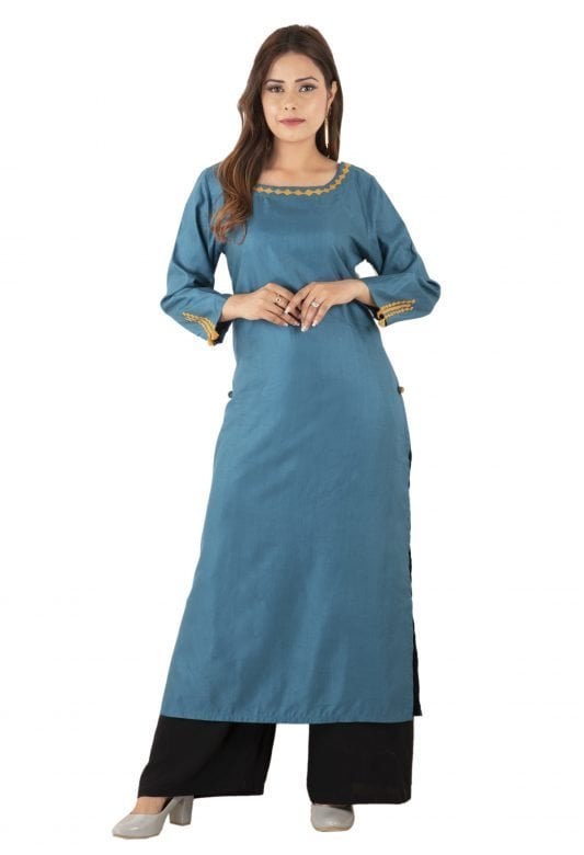 Fashion Tassar Silk Applique Pattern-Blue Women Kurta - 44