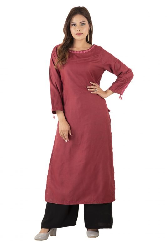 Fashion Tassar Silk Light Maroon Applique Women Kurta