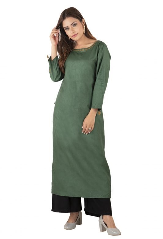 Tassar Silk Applique Kurta (Green)
