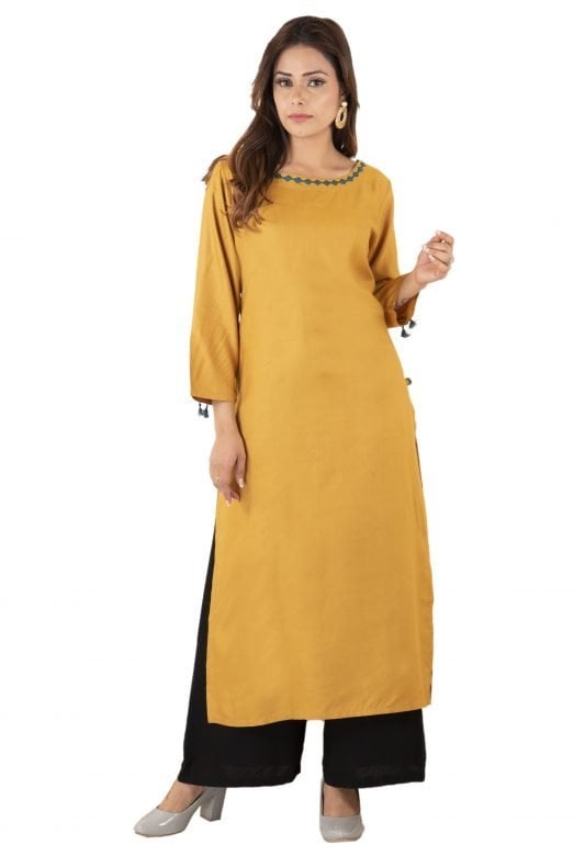 Tassar Silk Orange Applique Kurta - S