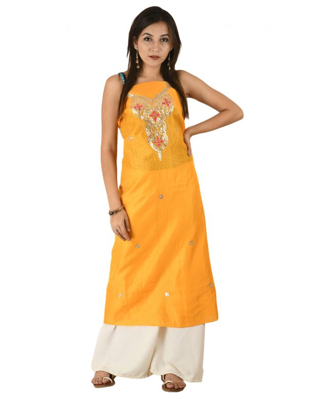 Chanderi Silk Designer Knee Long Yellow Free Size Suit Piece