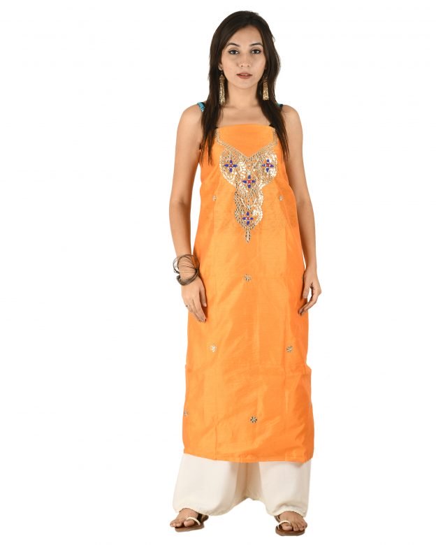 Chanderi Silk Designer Knee Long Yellow Free Size Suit Piece