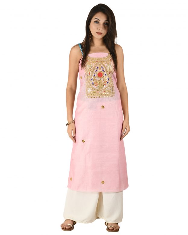 Chanderi Silk Designer Knee Long Pink Free Size Suit Piece
