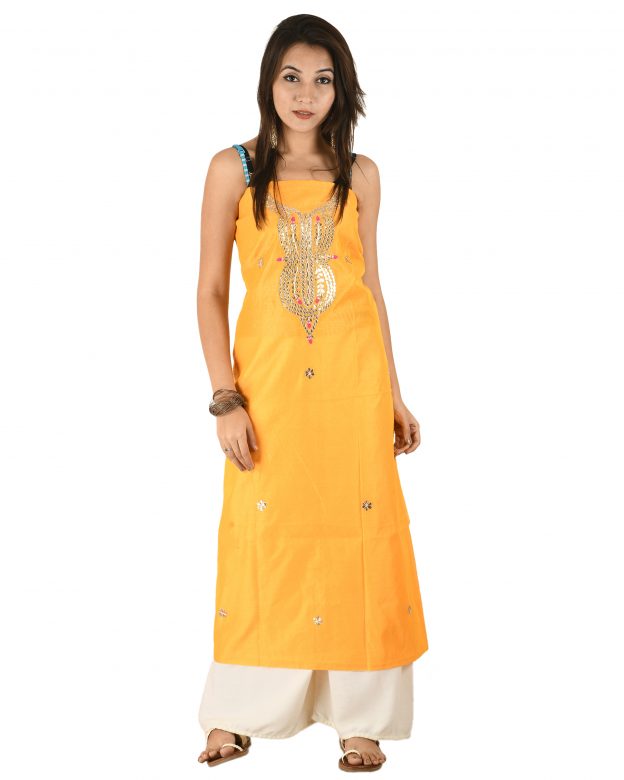Chanderi Silk Designer Knee Long Yellow Free Size Suit Piece