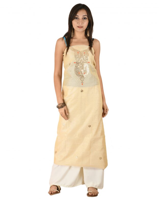 Chanderi Silk Designer Knee Long Cream Free Size Suit Piece