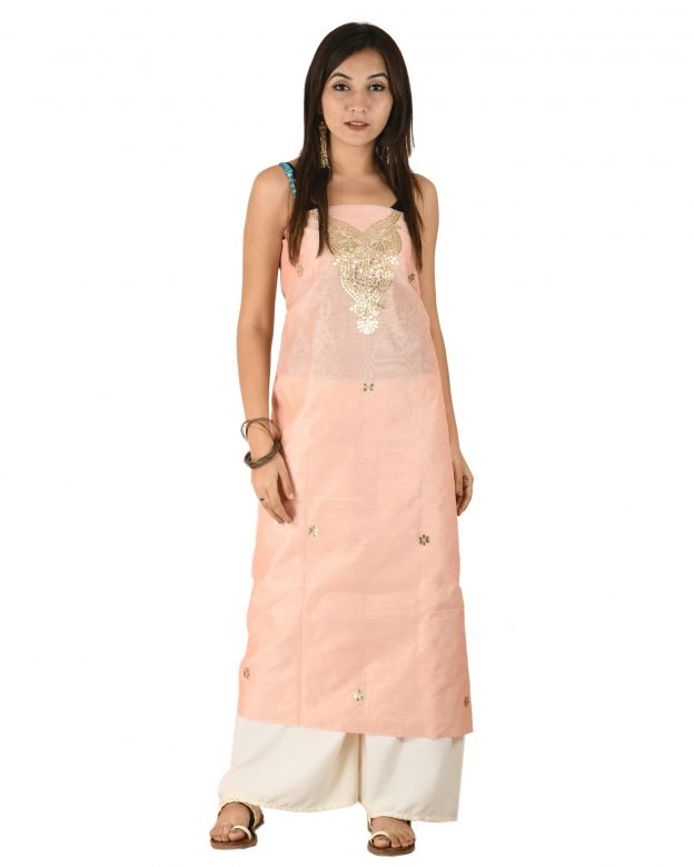 Chanderi Silk Designer Knee Long Peach Free Size Suit Piece