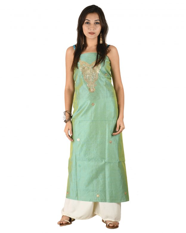 Chanderi Silk Designer Knee Long Green Free Size Suit Piece