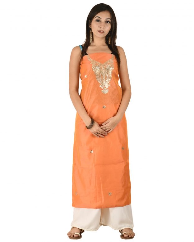 Chanderi Silk Designer Knee Long Orange Free Size Suit Piece