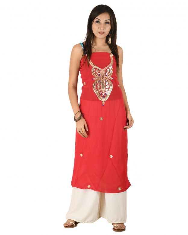 Chanderi Gota-Pati Silk Designer Knee Long Red Free Size Suit Piece