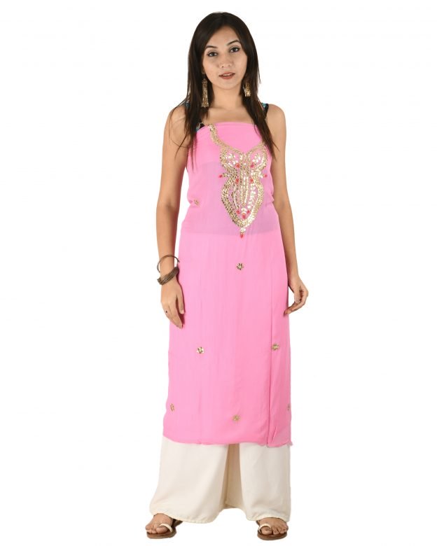 Chanderi Gota-Pati Silk Designer Knee Long Pink Free Size Suit Piece