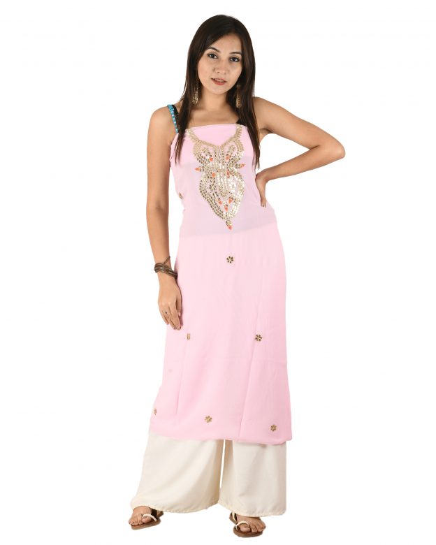 Chanderi Gota-Pati Silk Designer Knee Long Pink Free Size Suit Piece