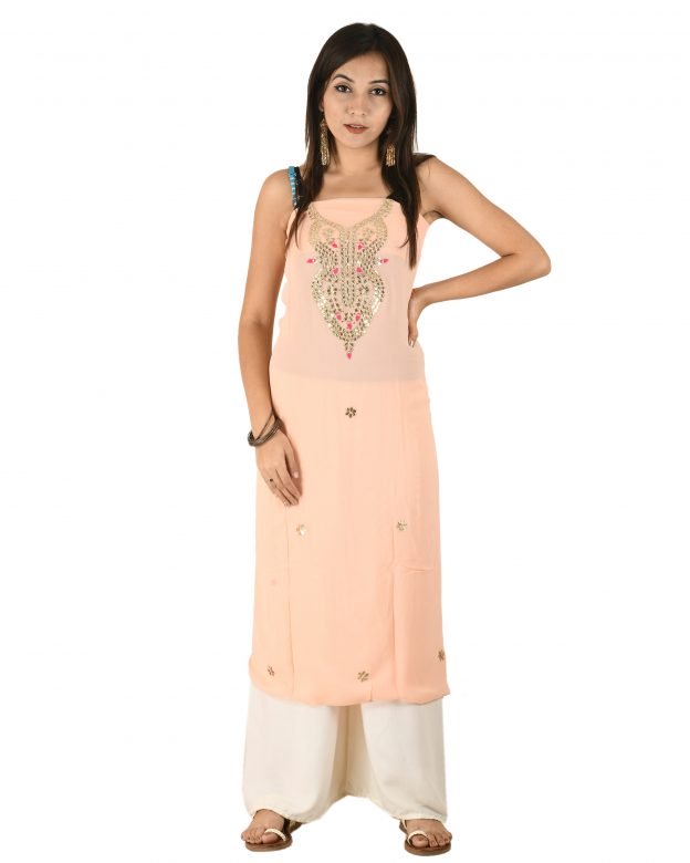 Chanderi Gota-Pati Silk Designer Knee Long Peach Free Size Suit Piece