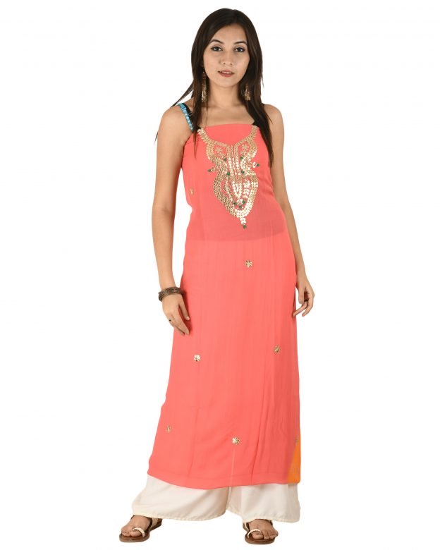 Chanderi Gota-Pati Silk Designer Knee Long Orange Free Size Suit Piece