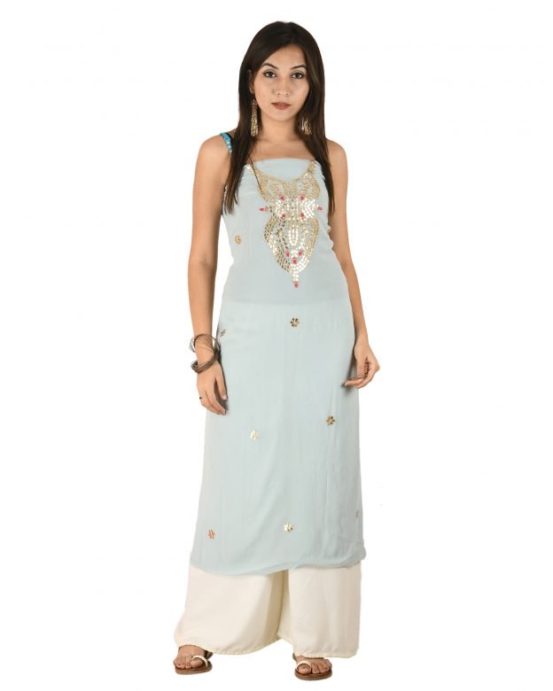 Chanderi Silk Designer Knee Long Grey Free Size Suit Piece