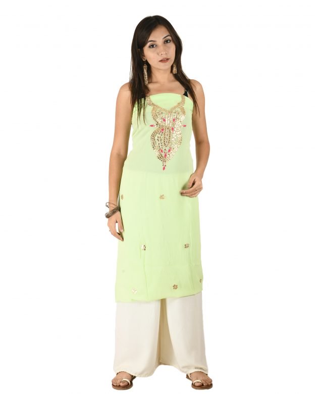 Chanderi Gota-Pati Silk Designer Knee Long Green Free Size Suit Piece