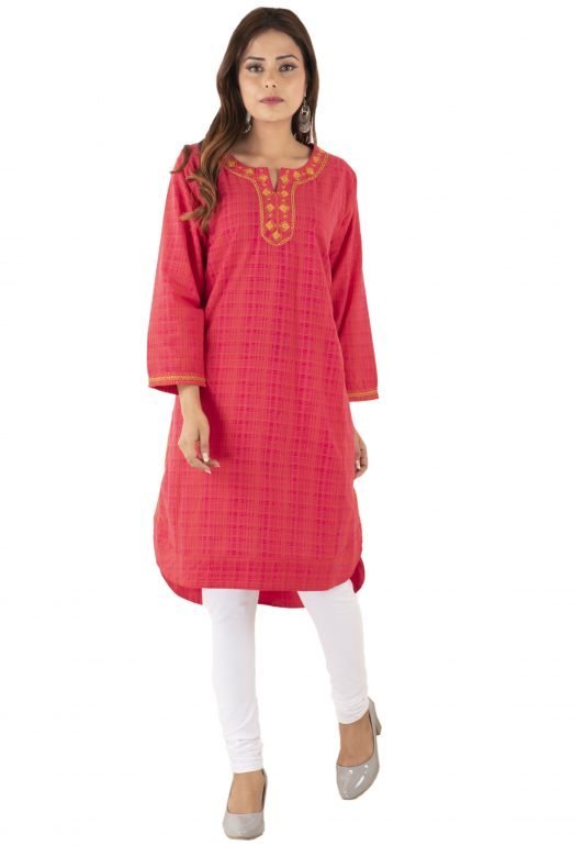 Fashion Cotton Red Round Neck Embroidery Kurta
