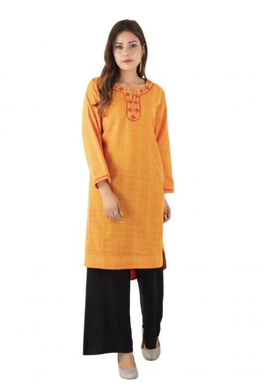 Cotton Long and Round Neck Embroidery Orange Kurta - 38