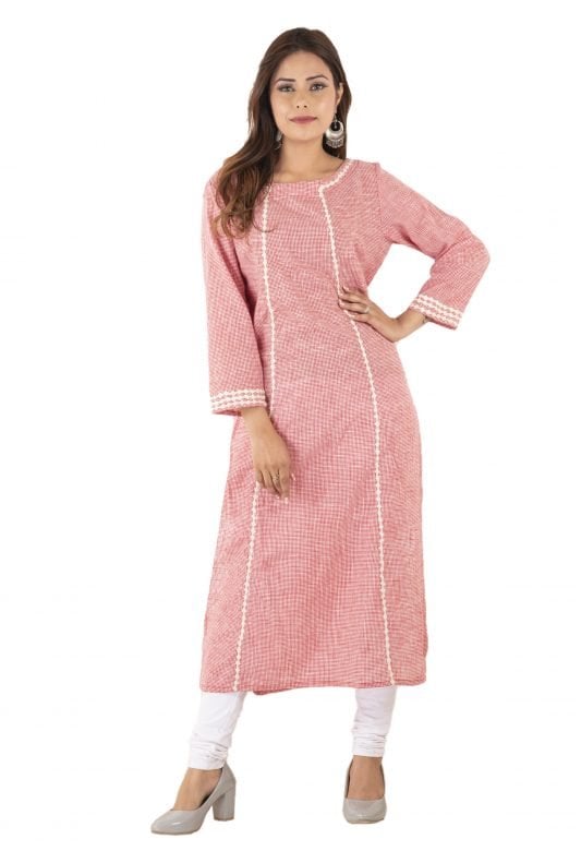 Cotton Applique Mangalgiri Pink and White Check Kurta - S