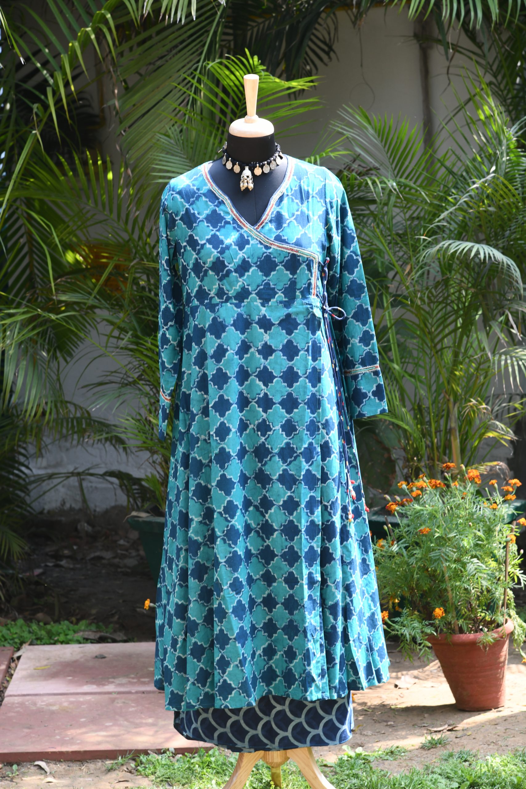 Kurta Long Kali Ikkat Yoke Applique For Women