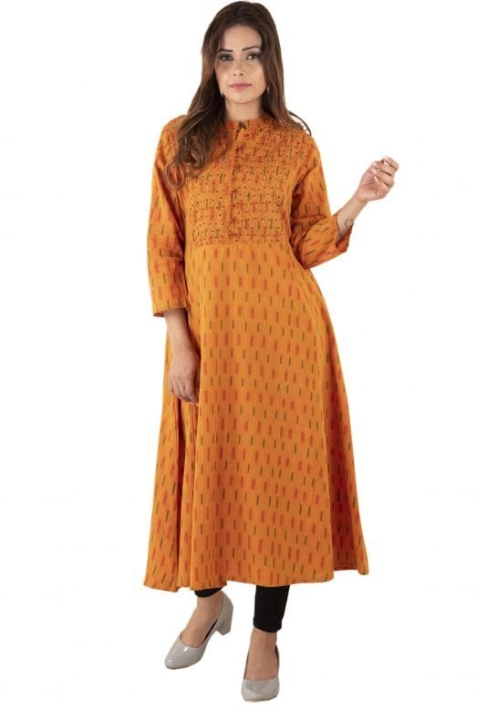 Cotton Long Kali Ikkat Yoke Applique Kurta