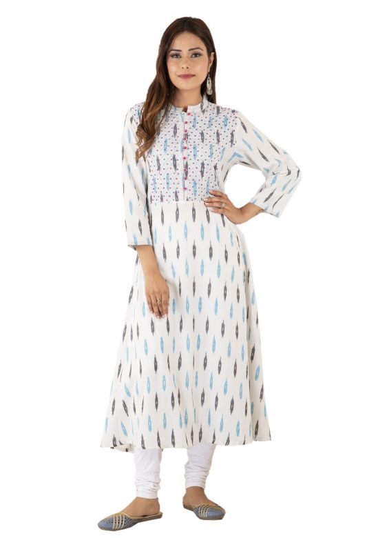 Cotton Long Kali Ikkat Yoke Applique White Kurta