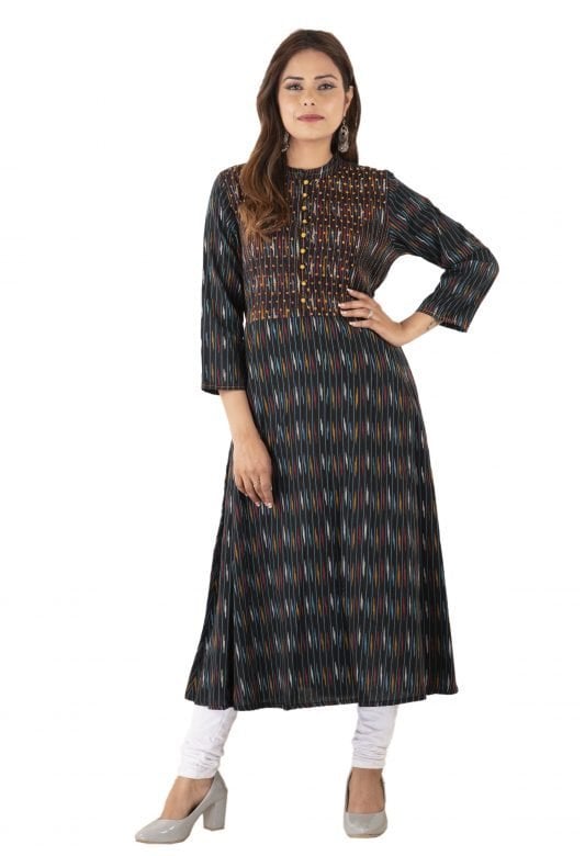 Cotton Long Kali Ikkat Yoke Applique Multicolor Kurta - 38