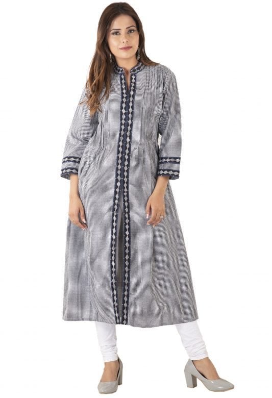Cotton Long Mangalgiri Grey Check Kurta - 38