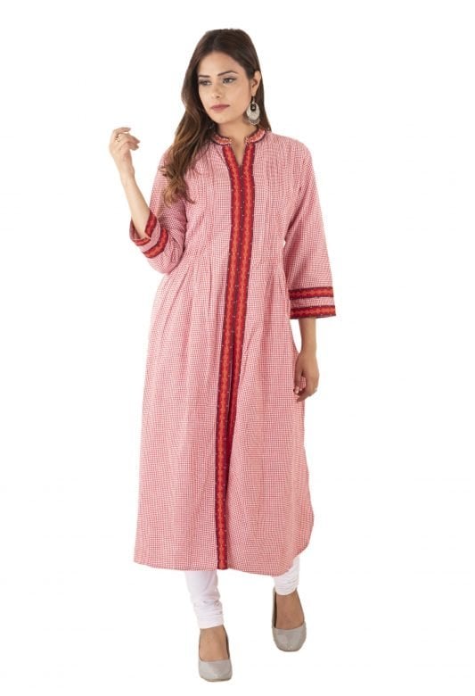 Cotton Long Mangalgiri Red and White Check Kurta