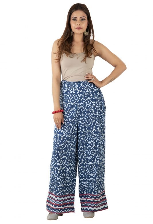 Blue & White Designer Applique Border Cotton Palazzo