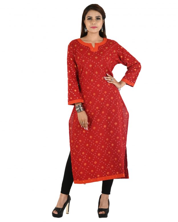 Red Handwoven Long Bandhani Cotton Kurta