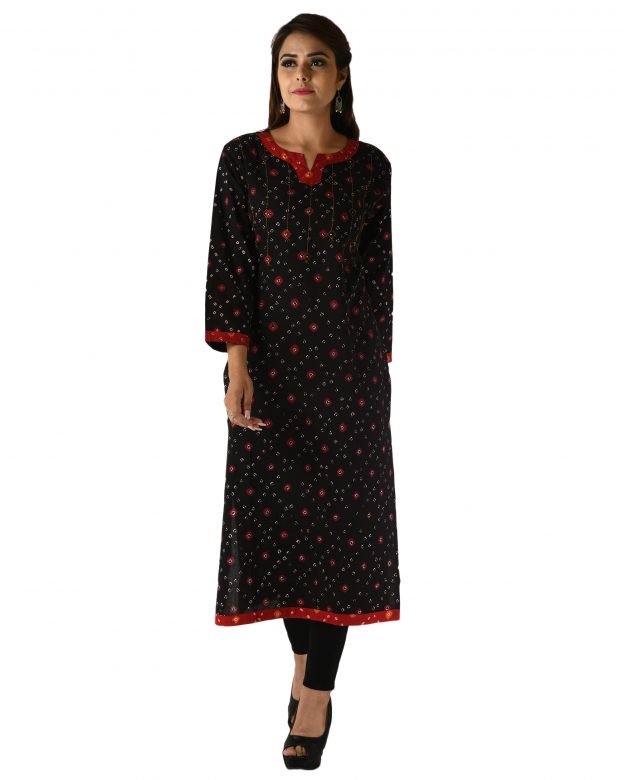 Black Handwoven Long Bandhani Cotton Kurta