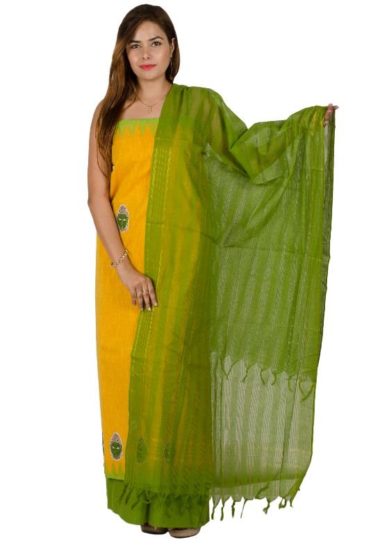 Yellow & Green Cotton & Tussar Silk Mangla Dress Material