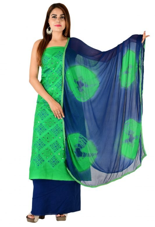 Green & Blue Cotton & Silk Mangla Dress Material